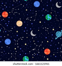 Space elements stars and planets seamless pattern vector illustration. Night sky with zodiac signs, galaxy constellations cartoon design endless texture. Astronomy concept