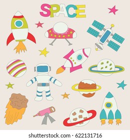 Space elements stickers set. Hand drawn colorful doodle elements vector illustration.