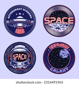 Space elements vector illustrations set. Retro futuristic drawings of moon, spaceship, stars and space suit in circles encouraging to explore galaxy in y2k style. Astronomy, nostalgia concept