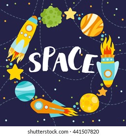 space elements wreath card. Planets, moon, UFO, rocket, comet and stars