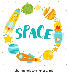 space elements wreath card. Planets, moon, UFO, rocket, comet and stars