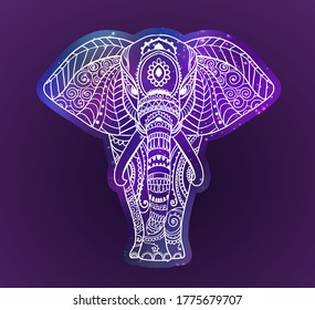 Space elephant. Vector mystical  illustration. Floral design, hand drawn map with Elephant ornamental.Tribal,India,  Bohemian style.