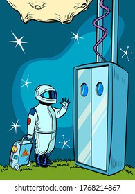 Space Elevator and an astronaut. Comics caricature pop art retro vector illustration drawing