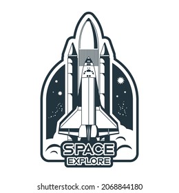 Space Emblem Monochrome Composition With Editable Text And View Of Space Shuttle Taking Off Vector Illustration