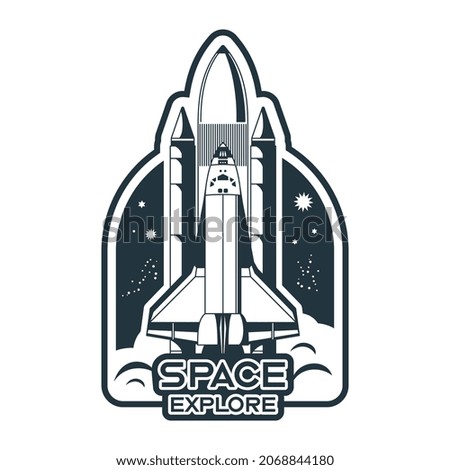 Space emblem monochrome composition with editable text and view of space shuttle taking off vector illustration