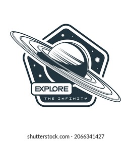 Space emblem monochrome composition with text and saturn planet in front of starry sky vector illustration