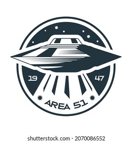 Space emblem monochrome composition with text area 51 and starry sky with flying ufo vector illustration