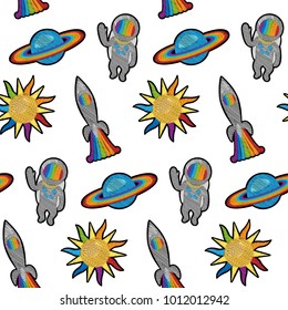 Space embroidery patch seamless pattern on white background. Cosmic fashion needlwork repeat wallpaper with rainbow colors for fashion textile prints, wrapping, scrapbooking.