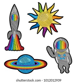 Space embroidery patch set on white background. Cosmic fashion needlwork pattern with rainbow colors for textile prints, stickers, scrapbooking.