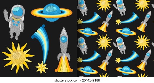 Space Embroidery Patch set and seamless pattern