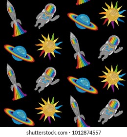 Space embroidery seamless pattern on blacj background. Cosmic fashion needlwork repeat wallpaper with rainbow colors for fashion textile prints, wrapping, scrapbooking.