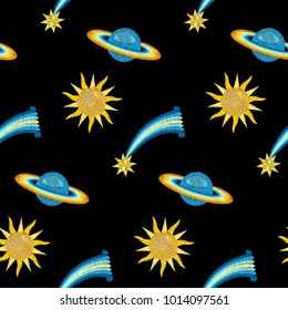 Space embroidery seamless pattern on black background. Cosmic fashion needlework repeat wallpaper for textile prints, wrapping, scrapbooking.