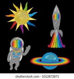 Space embroidery set on black background. Cosmic fashion needlwork pattern with rainbow colors for textile prints, stickers, scrapbooking, patches.