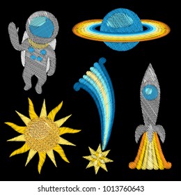 Space embroidery set on black background. Cosmic fashion needlwork pattern for textile prints, stickers, scrapbooking, patches.