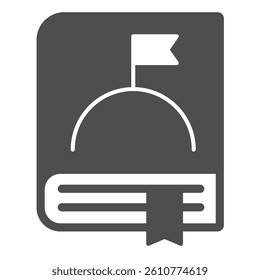 Space encyclopedia book solid icon, cosmos concept. Vector graphics. Knowledge book with planet surface and flag sign on white background, glyph style icon for mobile or web design