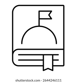 Space encyclopedia book thin line icon, cosmos concept. Vector graphics. Knowledge book with planet surface and flag sign on white background, style mobile or design