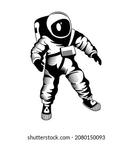 Space engraving hand drawn composition with isolated image of astronaut in spacesuit on white background vector illustration