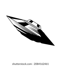 Composición dibujada a mano de grabado en el espacio con imagen aislada de ufo en ilustración vectorial de fondo blanco