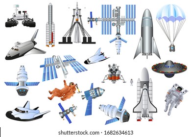 Space equipment. Astronauts in spacesuits. Space shuttle. Space stations. Lunar module. Mars rover. Spacecraft. UFO and aliens. Collection. Icons set. Color vector illustration isolated on white