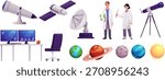 Space equipment set: telescope, antenna, satellite, scientists, planets, computer desk, observatory. Observation, exploration, and study of the galaxy. Vector flat illustration. Isolated background.