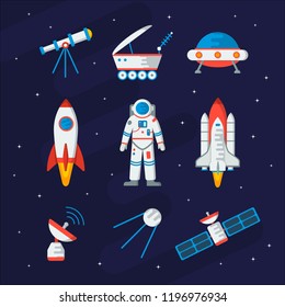 Equipo espacial establecido para su diseño: cohete, telescopio, astronauta, radar, lunohod, satélite, etc. Ilustración plana vectorial.