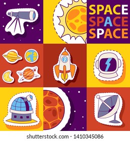 Space equipment vector illustration. Badges, patches, stickers set with Space, UFO, rocket, telescope, comet, sun, moon observatory satellite helmet Discovering universe Exploration poster