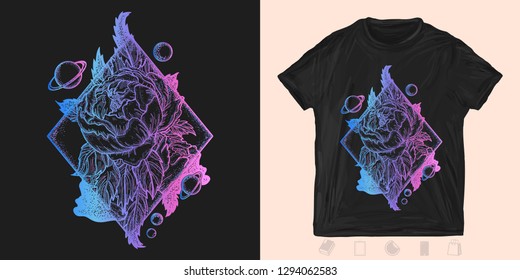 Space esoteric roses neon style. Print for t-shirts and another, trendy apparel design. Symbol of love, beauty, nature. Beautiful magic flower 