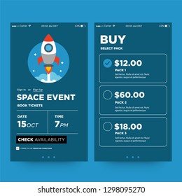 Space Event App Interface Design with Rocket Vector Illustration