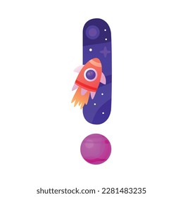 Space Exclamation Mark as Punctuation Sign with Rocket and Starry Sky Vector Illustration