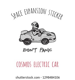 Space expansion sticker: cosmos electric car. Hand drawn patch or badge chevron with sketch on cosmos theme. Symbols of human development and curiosity for little researchers.