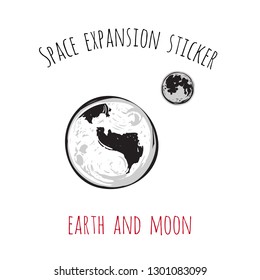 Space expansion sticker: earth and moon. Hand drawn patch or badge chevron with sketch on cosmos theme. Symbols of human development and curiosity for little researchers.