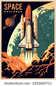 Space expedition colorful vintage poster spaceship with astronauts taking off from surface of planet to explore universe vector illustration