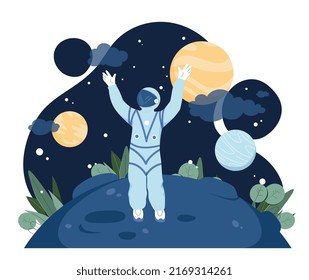 Space Expedition Explorer. Cosmonaut on unknown planet, scientific discoveries and research. Travel in space, across universes. Adventure, fantasy and imagination. Cartoon flat vector illustration