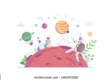 Space Expedition Explorer Vector Illustration Concept Showing an astronaut exploring New Planet mission, Suitable for landing page, ui, web, App intro card, editorial, flyer, and banner.