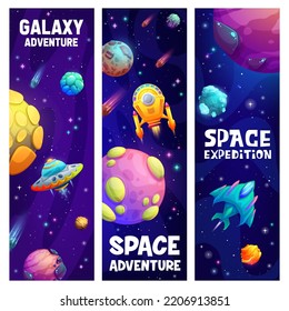 Space expedition and galaxy adventure. Spacecrafts in starry universe. Cartoon vector banners with alien ufo saucer, rockets, planets and asteroids in space. Kids bookmarks with fantasy space planets