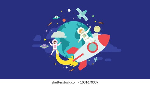 Space Expedition Tiny People Character Concept Vector Illustration, Suitable For Wallpaper, Banner, Background, Card, Book Illustration, Web Landing Page, and Other Related Creative 