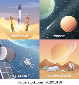 Space exploration 2x2 flat design concept with spaceship startup astronaut in open space terraforming square compositions cartoon vector illustration 