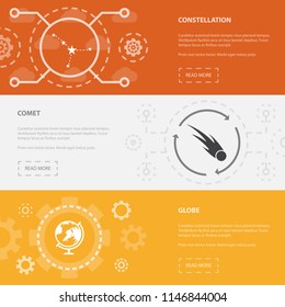 space exploration 3 horizontal webpage banners template with constellation, comet, globe concept icons. Flat modern isolated icon illustration.