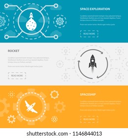 space exploration 3 horizontal webpage banners template with space exploration, rocket, spaceship concept icons. Flat modern isolated icon illustration.
