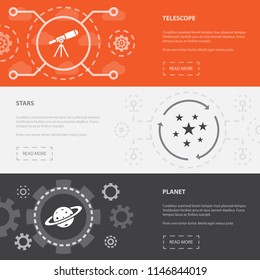 space exploration 3 horizontal webpage banners template with telescope, stars, planet concept icons. Flat modern isolated icon illustration.