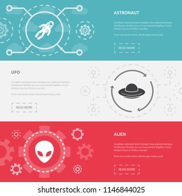 space exploration 3 horizontal webpage banners template with astronaut, ufo, alien concept icons. Flat modern isolated icon illustration.