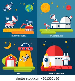 Space exploration 4 flat icons composition with observatory telescope and rover research technology abstract isolated vector illustration