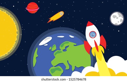 Space exploration adventure. Cute Template with rocket, moon, earth, sun, shooting star, stars in Outer space. 