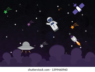 Space exploration adventure, flat background with planets and stars