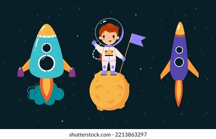 Space exploration and adventures. Boy astronaut in spacesuit and rockets vector illustration