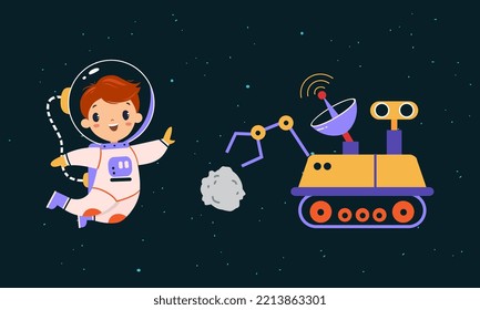 Space exploration and adventures. Boy astronaut in spacesuit floating in cosmos and space rover exploring surface of planet vector illustration