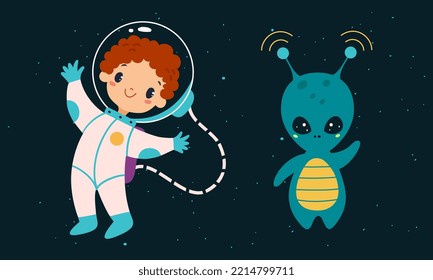 Space exploration and adventures. Boy astronaut in spacesuit and alien floating in outer cosmos vector illustration