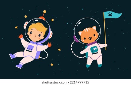 Space exploration and adventures. Cute boy and dog astronauts in spacesuits floating in outer cosmos vector illustration