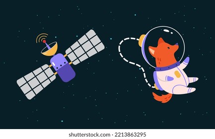 Space exploration and adventures. Dog astronaut in spacesuit floating in outer space, orbital satellite vector illustration