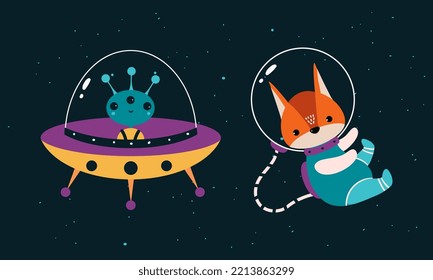 Space exploration and adventures. Dog astronaut in spacesuit floating in outer space, ufo spaceship vector illustration